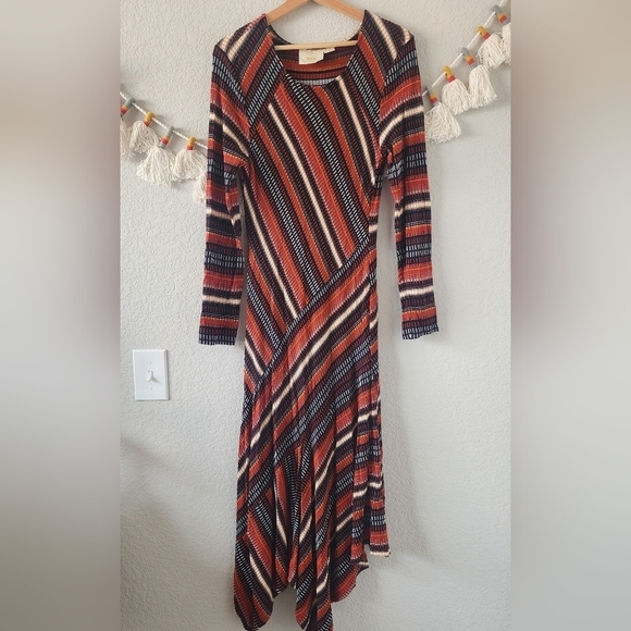 Anthropologie Maeve Parkside Knit Striped Hankerchief Hem Fitted Maxi Dress L - Picture 1 of 12